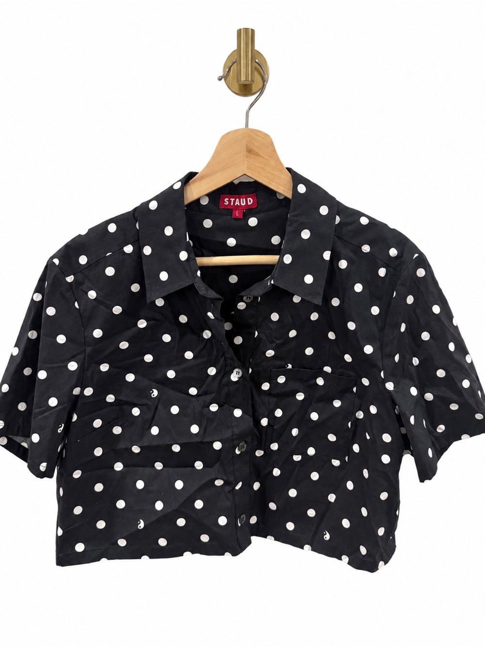 STAUD Black and White Polka Dot Cropped Button-Down Shirt